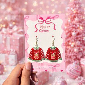 Christmas Sweater Reindeer Dangle Earrings Acrylic Holiday Jewelry